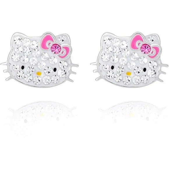 💕NEW Sparkling Bling Swarovski Crystal Silver Hello Kitty Pieced Earring… - Picture 3 of 6